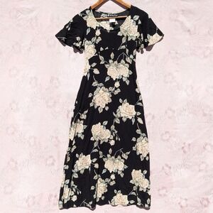 Vintage 90s Black Floral Midi Dress XS/0 Empire Waist Rose Print Fairy Grunge